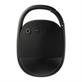 A black waterproof Bluetooth speaker with a handle, featuring control buttons for functionality and a textured surface.