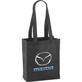 A black non-woven tote bag with a logo on the front and two shoulder straps.