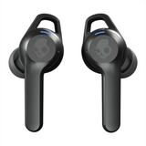 True wireless earbuds in black with a logo, featuring a sleek design and blue indicator light.