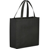 A black non-woven shopper tote bag with two sturdy handles and an open top. Features a logo.