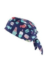 A navy unisex printed scrub cap featuring a playful design of sweets, including ice creams and lollipops.