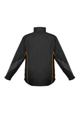 A black jacket with yellow accents and reflective design elements, featuring long sleeves and a high collar.