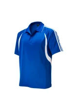 A blue polo shirt featuring white accents and three stripes on the sleeves, designed for kids.