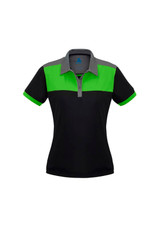 A women's polo shirt featuring a black body with green and grey accents, complete with a collar and short sleeves.