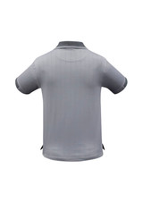 A grey men's short sleeve polo shirt with a collar and contrasting details on the sleeves, featuring a logo.