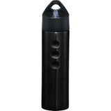 A drink bottle in black stainless steel, featuring a black lid with a built-in handle and a logo.