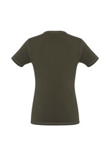 A green ladies vintage tee featuring short sleeves and a fitted silhouette, with stitching details and a logo.