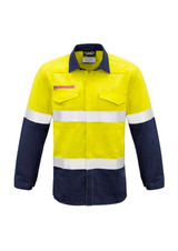 A high visibility shirt with yellow and navy colours, featuring hoop taping and two front pockets. It includes a logo.