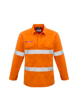 An orange long-sleeve work shirt featuring hooped reflective tape and two chest pockets. It has a logo on the chest.