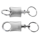 A silver snap apart key ring with a sleek, streamlined design and circular keyring loops.
