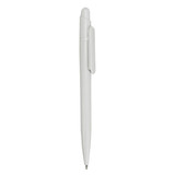 A white plastic pen featuring a sleek design and a clip, with a logo on the body.