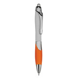 A plastic pen with a silver barrel and orange grip, featuring a chrome clip and accent. It has a logo on the barrel.