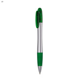 A plastic pen featuring a silver body with green accents and a clip. It has a sleek, modern design and a logo.