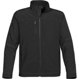 A black soft shell jacket with a zippered front, side pockets, and a logo on the sleeve.