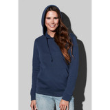A women's hooded sweatshirt in navy blue, featuring a front pocket and a drawstring hood. It has a logo.