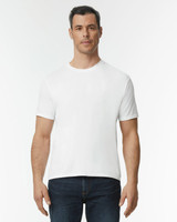 A man is wearing a plain white adult tri-blend tee with short sleeves, paired with dark blue jeans.