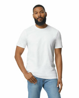 A lightweight adult tee in white, displayed on a model wearing jeans. The t-shirt features a logo.