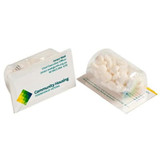 A pack of white mints with a transparent container, featuring a rectangular card with a logo.