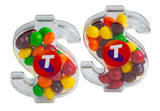 Acrylic dollar-shaped containers filled with colourful Skittles in various shades, featuring logos on the front.