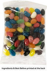 A sealed bag of colourful jelly beans in various shades, including red, yellow, green, and blue, with a logo on the front.