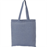 A blue recycled cotton twill tote bag with two shoulder straps and a simple design. Features a logo.