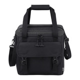 A black cooler bag with carrying handles, shoulder strap, and a front flap featuring buckles. It has a logo on it.