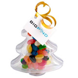 Acrylic tree-shaped container filled with multi-coloured jelly beans, featuring a branded tag and decorative ribbon.