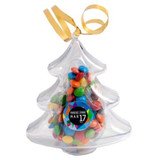 Acrylic Christmas tree filled with colourful M&Ms, topped with a gold ribbon and featuring a branded tag.