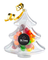 Acrylic tree-shaped container filled with colourful Skittles, topped with a gold ribbon and featuring a logo.