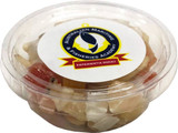 A clear tub filled with a mix of colourful dried fruit pieces, featuring a logo on the lid.