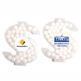 A dollar-shaped mint card filled with white mints, featuring a logo on one side.