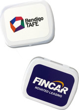 A small white rectangular tin with mints, featuring a logo on one side and a different logo on the other.