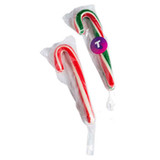 Two wrapped candy canes, one predominantly red and white, the other featuring green stripes.