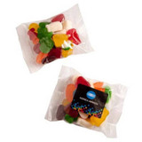 A clear bag of mixed lollies featuring various bright colours, with a logo on the front.
