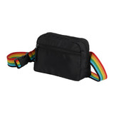A black fanny pack with a rainbow-coloured adjustable strap and a front zip pocket. It also features a logo.