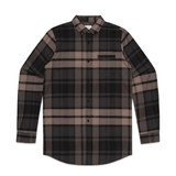 A plaid button-up shirt featuring shades of black, beige, and brown, with a chest pocket and a logo.
