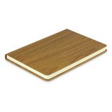 A notebook with a wooden-textured cover and cream-coloured pages, featuring a logo on the front.