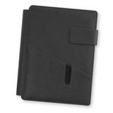 A black Stockholm Portfolio with a sleek design, featuring a pocket and a flap closure. It has branding on the cover.