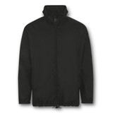 A black windbreaker jacket with a zip front and stand-up collar, featuring elastic cuffs and a drawstring hem.