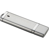 A silver USB flash drive with a sleek design. It features a small hole for attaching a keychain and has a logo.