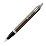 A dark espresso ballpoint pen with a metallic finish and silver accents. Includes a branding logo.