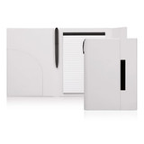 A white A5 notepad folder with a magnetic closure, featuring a pen and lined notepad inside. It has a logo.