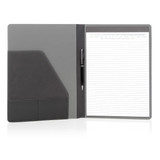 A grey executive folder with a notepad and a pen, featuring a pocket on the left side for documents.