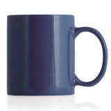 A ceramic mug in a deep navy blue colour with a smooth finish and a curved handle, featuring a logo.