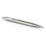 A brushed stainless steel ballpoint pen with a sleek design and a clip for attachment. It features a brand logo.