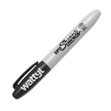 A permanent marker in black and white, featuring a clip and a logo, with "Super Sharpie" branding.
