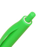 A green plastic ballpoint pen with a smooth grip and a white detailing at the top. It features a logo.