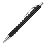 A black ballpoint pen with a metallic finish and a textured grip, featuring a silver clip and trim.
