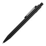 A black metal ballpoint pen with a clip and a sleek design, featuring a branding logo.