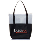 A tote bag featuring a grey crosshatch design and a black base, with a logo on the front.